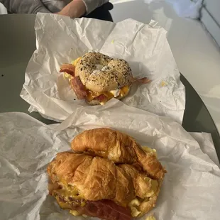 Bacon Breakfast Croissant and Bagel Sandwich with Bacon