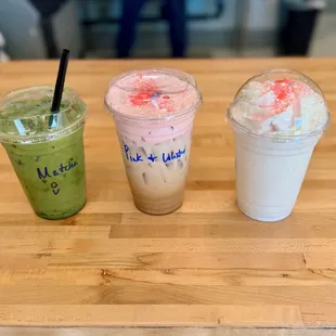 Iced Matcha (with oat milk), Pink &amp; White and Madly IN MOCHA (no coffee)