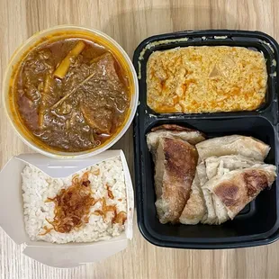 Burmese Pork Curry With Potatoes, Coconut Rice, Platha with Coconut Chicken Curry Dip