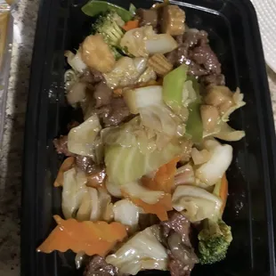 Mongolian beef with lots of cabbage I didn&apos;t ask for, and is not even in the recipe. $15