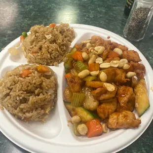 Kung POW Chicken combo also came with egg roll and crab Rangoon.