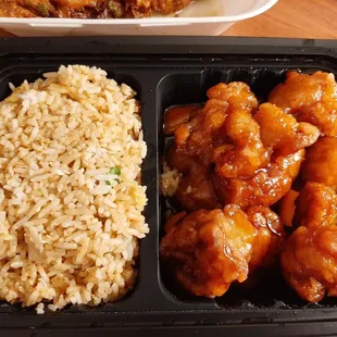 Orange chicken, fried rice dinner. B