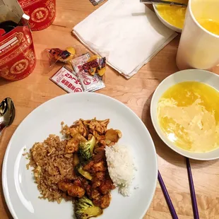 General Tao&apos;s chicken, cashew chicken, fried and steamed rice, and egg drop soup.