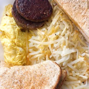 Two Eggs, Meat, Hash Browns, &amp; Toast, $4.99