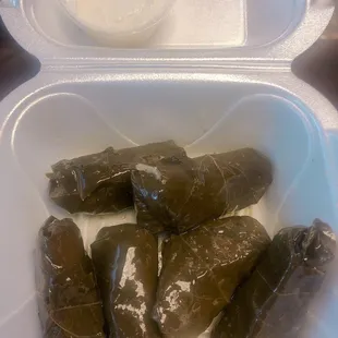 Grape Leaves with a side of Garlic Sauce