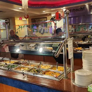 a buffet with a variety of food items