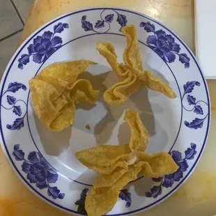 Fried Cheese Wontons (patterned plates, instead of the usual plain ones)