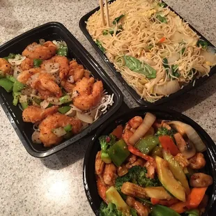 Take-out Salt &amp; Pepper Shrimp, Vegetable Chow Mai Fun Noodles &amp; a small Chicken w/Garlic Sauce.