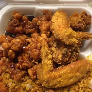 Two entree combination special with wings and general Tso&apos;s. Again egg roll is off camera.