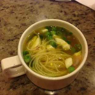 Rice noodles, Wonton soup, peas &amp; eggs from salad bar. Last couple times the peas have been frozen and barely warmed in the soup