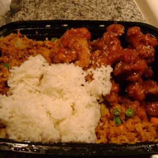 rice, meat, and vegetables in a plastic container