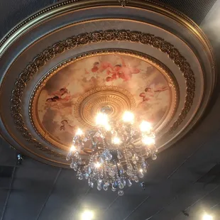 a chandelier in the dining room