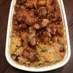 Orange Chicken combo with Pork Fried Rice and Egg Roll (not shown).