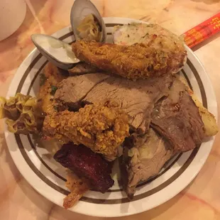 Roast beef and salmon and mussels and wings!!!