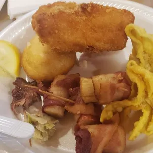 Crab Rangoon Fried Fish Chicken, fried donuts.