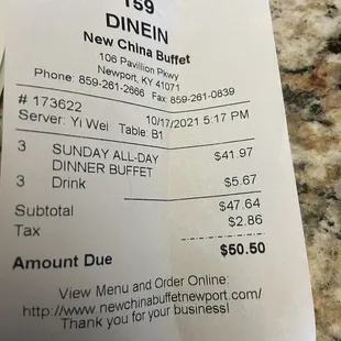 a receipt for dinner