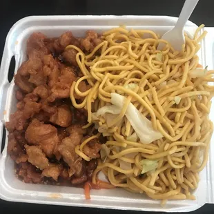 chicken and noodles in a styrofoam container