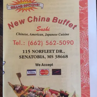Menu for new China Buffet