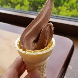 a hand holding a cone of chocolate ice cream