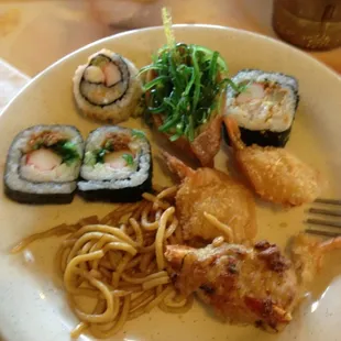 Round 3 Sushi shrimp noodles chicken stuffed shrimp.