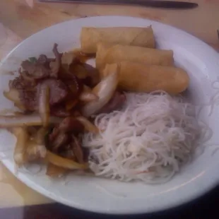 Mongolian Beef, Imitation Crab Cho Mein and Spring Rolls