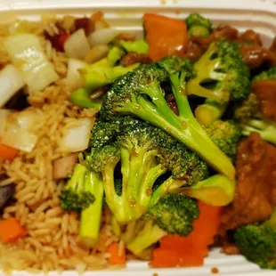 Combination beef with broccoli and pork fried rice.