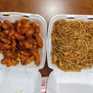 Orange Chicken and lo mien noodles