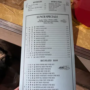 menu for lunch specials