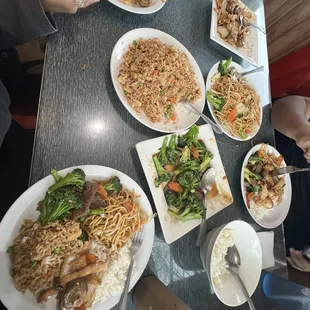 chicken fried rice, vegetable chow mein, mushroom chicken, broccoli beef, and steamed rice