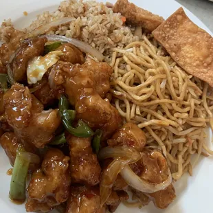 General Chicken Lunch Special (chow mein, fried rice, and fried wontons)
