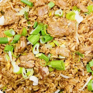 a plate of fried rice with meat and green onions