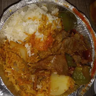 Pepper Steak with onions in a brown gravy with plenty of sauce for my White Rice.  Very good tasting