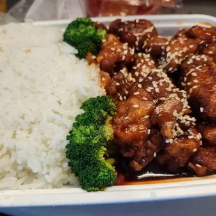a container of rice, broccoli, and meat