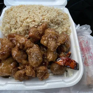 Orange Chicken Dinner Combo. Orange chicken, fried rice, veggie egg roll.