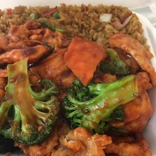 Broccoli with chicken n pork fried rice