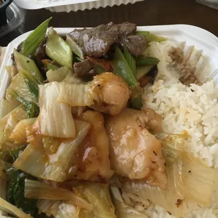 lunch bento with two sides, includes cabbage, fish, and beef, among others