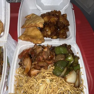 Teriyaki Chicken, pepper steak, Chow Mein, Orange Flavored Chicken*