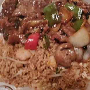 Mongolian beef, mushrooms and Shrimp fried rice