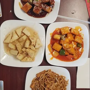 Sesame Tofu, Honey Tofu, vegetable lo mein, orange tofu