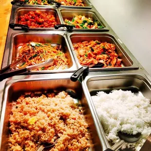 a buffet full of food