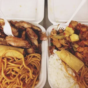 (Left) my typical chow mein and teriyaki chicken, and (right) chow mein, steamed rice, chicken wings and beef and veggies