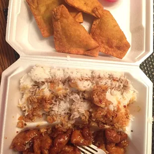 The crab rangoons ($2.99) and honey orange chicken with white rice ($5.99). Awesome!