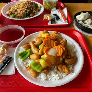 Sweet &amp; Sour Chicken, vegetable fried rice, steamed dumplings, Egg Drop Soup