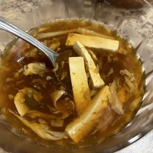 Hot and Sour soup. (in a dish in our home).