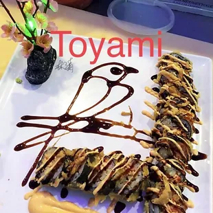 a plate of sushi with sauce and sauce drizzle