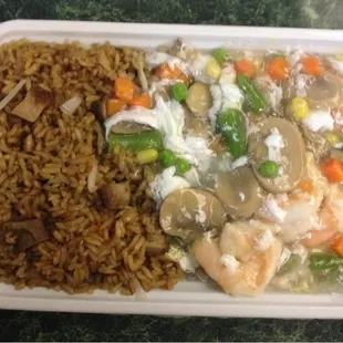 Pork fried rice and shrimp in lobster sauce