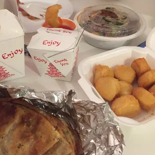 Chinese takeout - fried scallops, scallion pancakes, beef with broccoli and sweet and sour pork. White rice