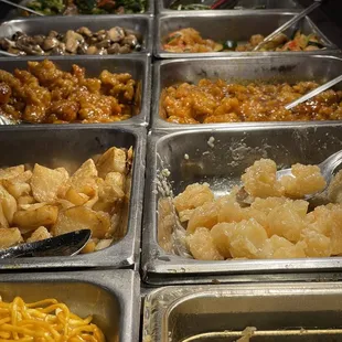 Fried Rice, Coconut Shrimp, and some Chicken Dishes!  Not much flavor and it all starts tasting the same! Nothing Special!