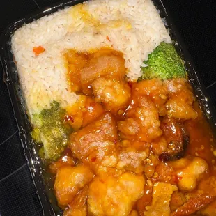 Orange chicken again no fried rice and we haven't taste it all this is going in the trash!
