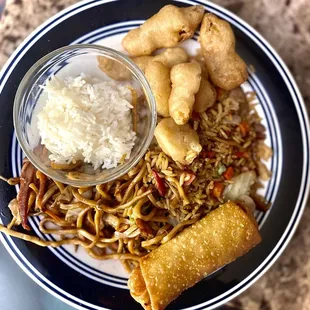 Pork lo mein, Fried rice, White Rice, Sweet and Sour Chicken, and and Egg Roll